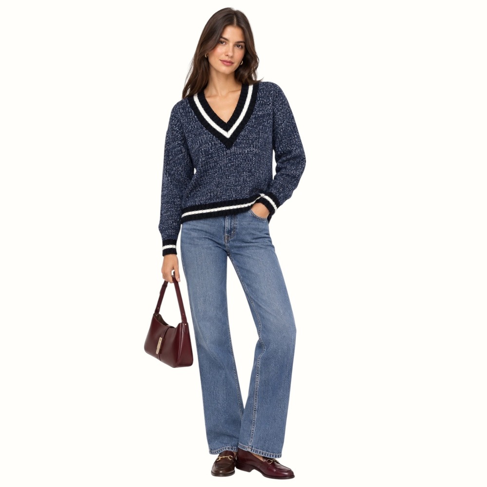 Freshman 1996 Sweater S V-Neck Knit Navy White Striped Varsity Preppy Colegiate